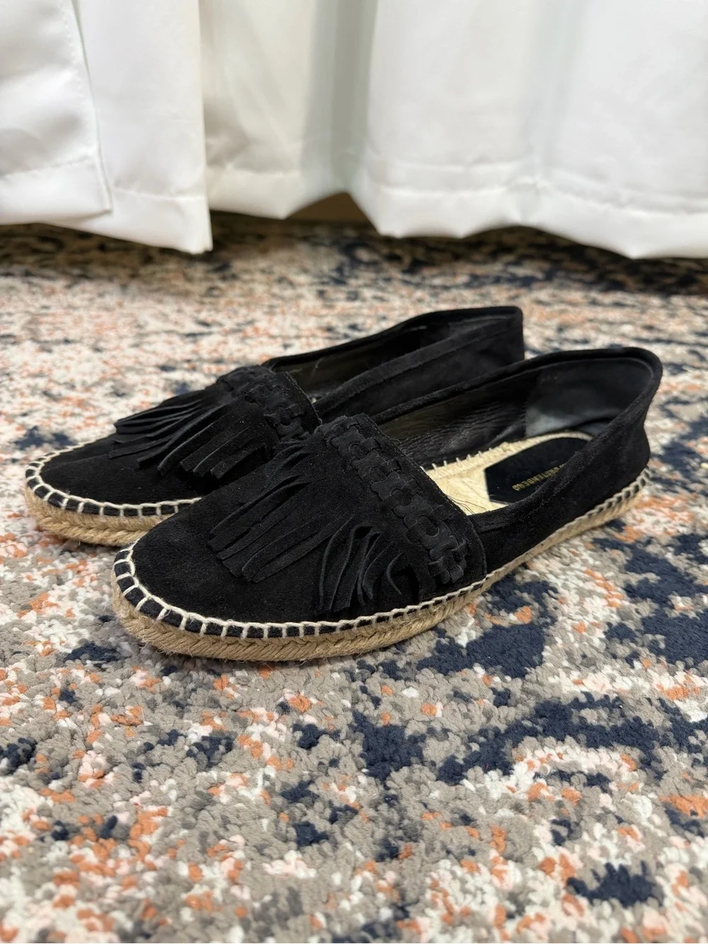 Diane von Furstenberg ‘Cadah’ Black Suede Fringe Trim Espadrilles Flats Size 9